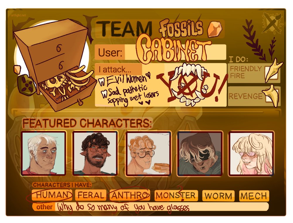 Hey!!! I'm here for my third year!!! #artfightteamfossils 

artfight.net/~cabinet