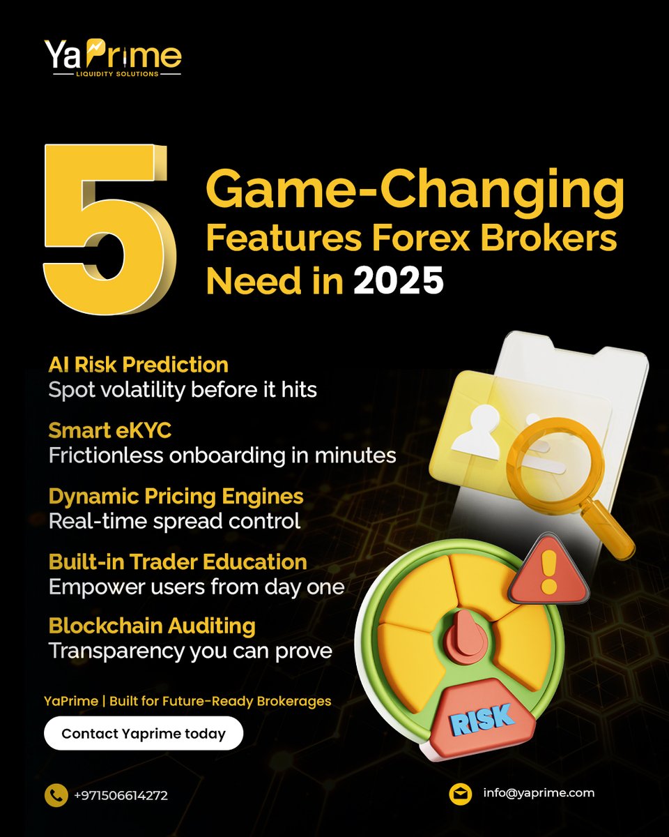 YaPrimeofficial's tweet image. 🚀 2025 is here — is your brokerage future-ready?
From AI Risk Prediction to Blockchain Auditing, YaPrime brings the 5 must-have tools every smart broker needs!
#ForexTech #BrokerTools #YaPrime #Fintech2025 #AIinTrading #SmartBrokerage