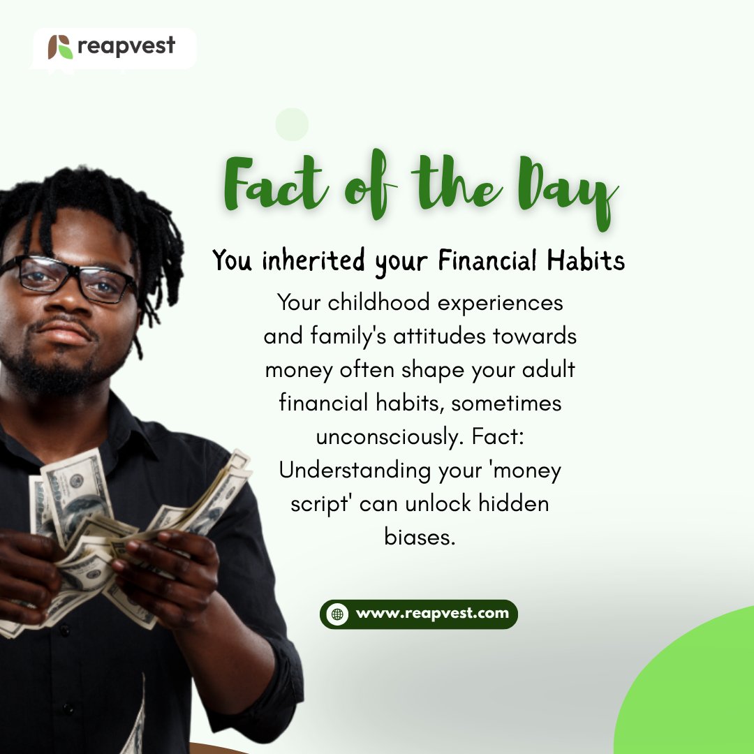 "Your financial habits are not just about you.... Do you know they can be inherited??? 💸👪 

From our families, communities, and experiences, we learn how to manage money.
At Reapvest, we believe you can rewrite your financial story. 
 #Reapvest #FinancialFreedom #MoneyMindset"