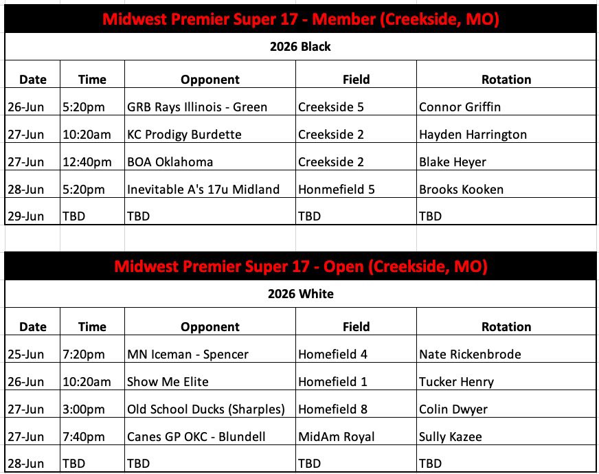 Cangelosi Sparks North (@sparks_north) on Twitter photo 17u Black and 17u White Schedules and Rotations for Midwest Premier Super 17 in MO this weekend.
<a href="/PBRTournaments/">Prep Baseball Tournaments</a> <a href="/PrepBaseballIL/">Prep Baseball Illinois</a> <a href="/pbtscouting/">Prep Baseball Scouting</a> 17u Black and 17u White Schedules and Rotations for Midwest Premier Super 17 in MO this weekend.
<a href="/PBRTournaments/">Prep Baseball Tournaments</a> <a href="/PrepBaseballIL/">Prep Baseball Illinois</a> <a href="/pbtscouting/">Prep Baseball Scouting</a>