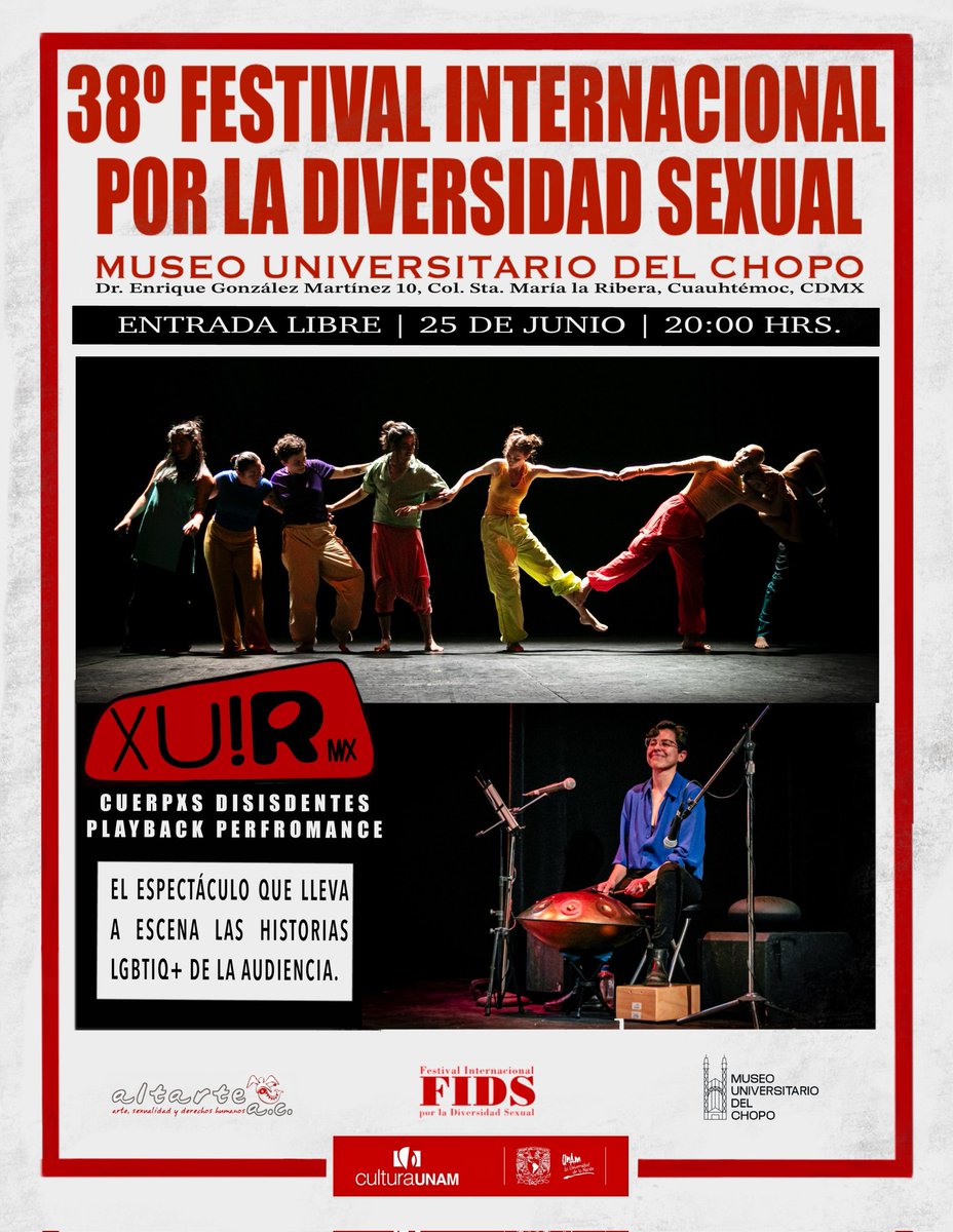 XuirMX Cuerpxs disidentes 
Espectáculo teatral que narra las historias LGBTQ + de la audiencia 
Miércoles 25 de junio en <a href="/museodelchopo/">Museo del Chopo</a> 
20H
Entrada libre