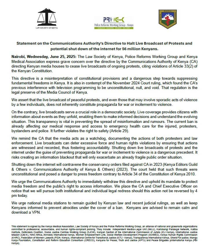 ICJ Kenya (@icjkenya) on Twitter photo JOINT STATEMENT: We remind the <a href="/CA_Kenya/">Communications Authority of Kenya (CA)</a> that the media acts as a watchdog, documenting the actions of both protesters and law enforcement.
Live broadcasts can deter excessive force and human rights violations by ensuring that actions are witnessed and recorded, thus fostering JOINT STATEMENT: We remind the <a href="/CA_Kenya/">Communications Authority of Kenya (CA)</a> that the media acts as a watchdog, documenting the actions of both protesters and law enforcement.
Live broadcasts can deter excessive force and human rights violations by ensuring that actions are witnessed and recorded, thus fostering
