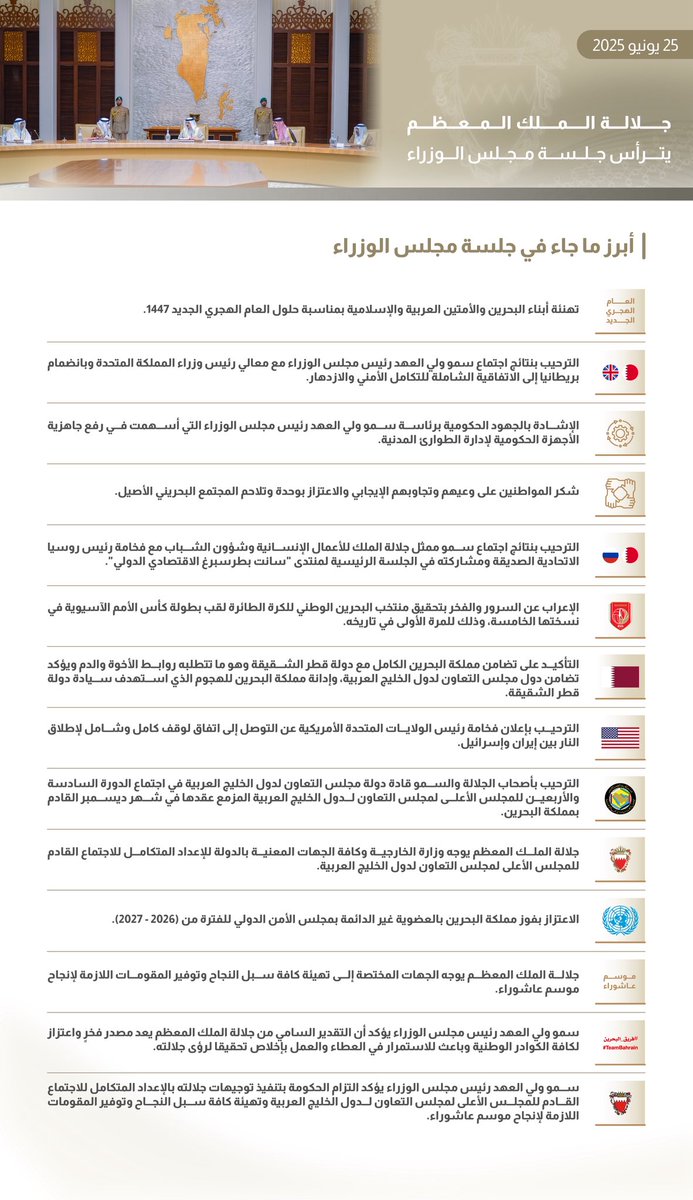 حضرة صاحب الجلالة الملك #حمد_بن_عيسى آل خليفة ملك البلاد المعظم يترأس جلسة مجلس الوزراء بحضور صاحب السمو الملكي الأمير #سلمان_بن_حمد آل خليفة ولي العهد رئيس مجلس الوزراء #البحرين #فريق_البحرين