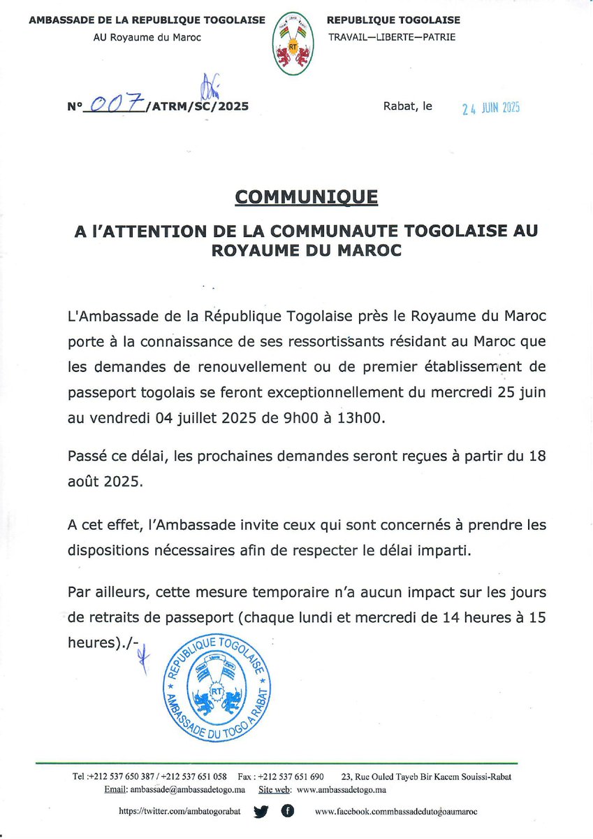 COMMUNIQUE A L'ATTENTION DE LA COMMUNAUTE TOGOLAISE AU MAROC: RENOUVELLEMENT DE PASSEPORT OU PREMIERE DEMANDE

ambassadetogo.ma/fr/2076-celebr…