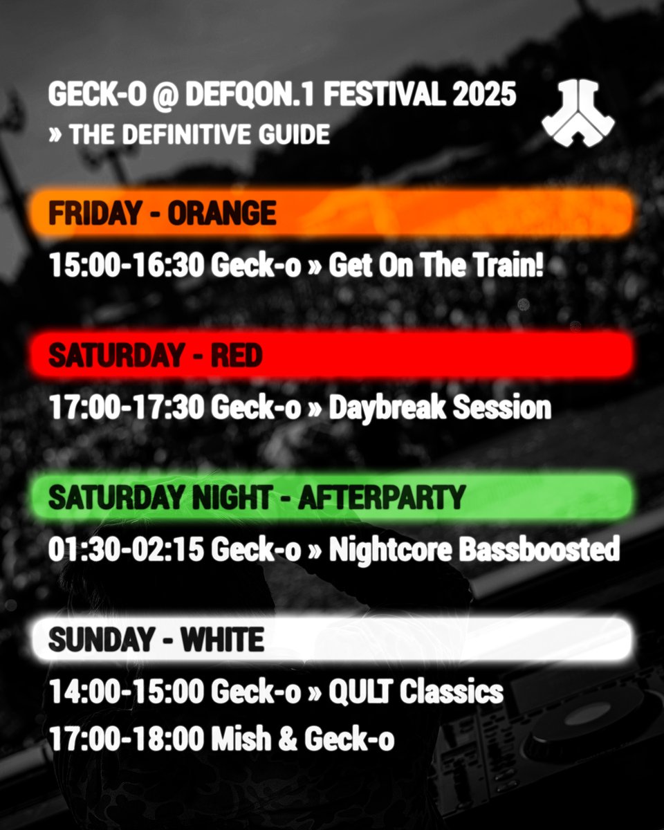 All packed and ready for #defqon1 this weekend 😍 Here's my timetable, looking forward to all these different sets so much.

See you there, let's connect and GET ON THE TRAIN! 🚂🚂🚂
