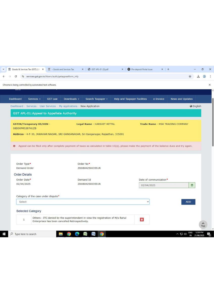 ishanch77353389's tweet photo. Facing issue while filing GST appeal. Pre-deposit tax is already paid but portal shows error: "Please pay tax" and not allowing to proceed. Grievance already filed (G-202506212123822) with payment proof screenshot attached.
Requesting urgent resolution.
@askGST_GoI
@Infosys_GSTN https://t.co/BUzmx2u4YB