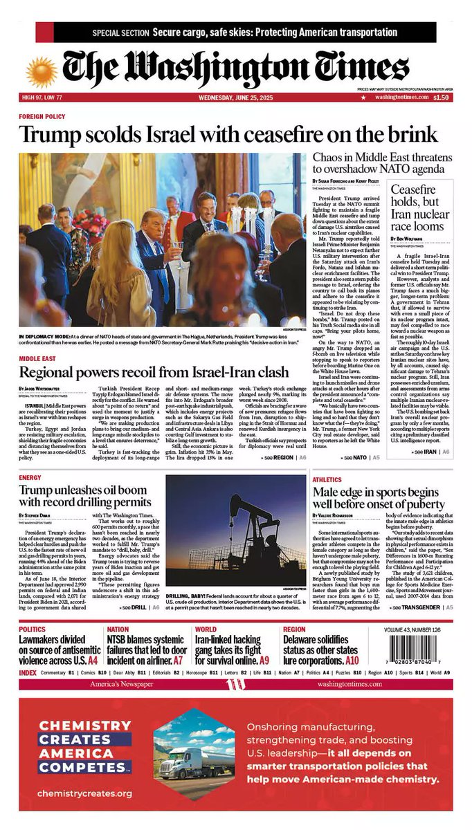 On Wednesday's #TWTFrontPage: An Israel-Iran ceasefire has held, but analysts and former officials say President Trump faces a much bigger problem, Middle East powers are recalibrating their responses as the Israel-Iran war reshapes the region, and more.
washingtontimes.com/frontpage