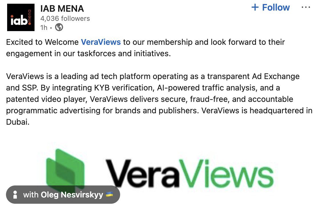 Wow, this HUGE news for <a href="/verasitytech/">PLRL by Verasity</a>! 

Joining IAB MENA is a massive step forward, not just for the company but for the entire MENA digital advertising space. 

Ad fraud and lack of transparency have been huge issues for years, and VeraViews has built a solution that actually