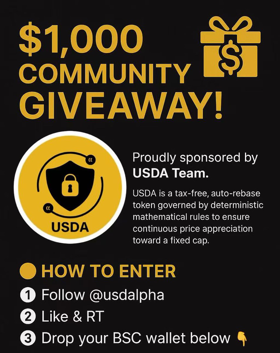 🎁 $1,000 Community Giveaway! 🎉
-Proudly sponsored by USDA Team.

USDA is a tax-free, auto-rebase token governed by deterministic mathematical rules to ensure continuous price appreciation toward a fixed cap.

We’re giving back to the community, thanks to <a href="/usdalpha/">$USDA</a> for