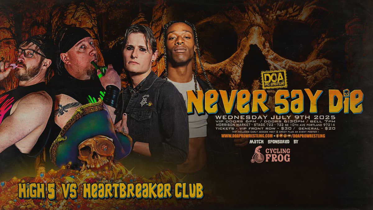 🚨ANNOUNCEMENT🚨

High 5 🆚 Heartbreaker Club

VIP is 1/2 gone! Get your tickets now!

🪨Never Say Die
🗓️Wednesday, July 9th
📍Morrison Market - Stage 722

🎟️doaprowrestling.com