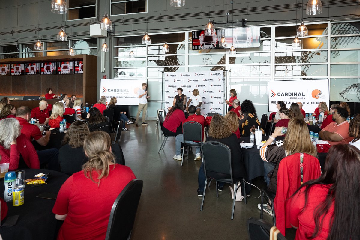 CardinalCu's tweet photo. An energizing All-Hands and Training Day at Cleveland Browns Stadium with the amazing Cardinal team! ๐ Special thanks to Browns rookies Mason Graham & Quinshon Judkins for joining us! #TeamCardinal #AllHands #TrainingDay #ClevelandBrowns https://t.co/FsoA8Cm79q