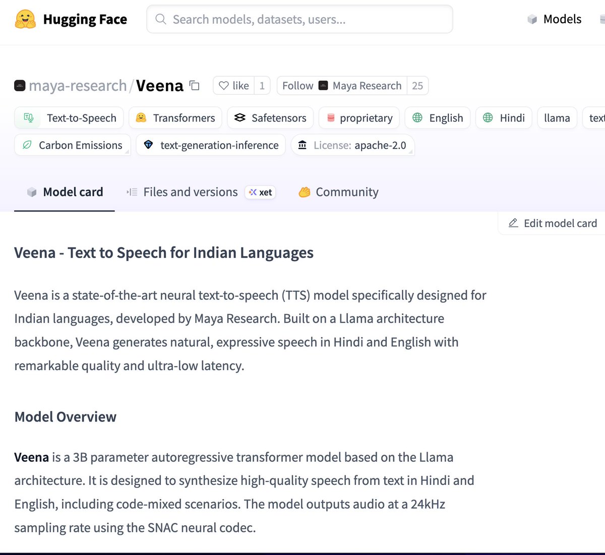 Parul Pandey (@pandeyparul) on Twitter photo Finally, a TTS model that sounds Indian 🇮🇳. Also commendable that they open-sourced it and made it available on <a href="/huggingface/">Hugging Face</a>. Congrats <a href="/mayaresearch_ai/">Maya Research</a> Finally, a TTS model that sounds Indian 🇮🇳. Also commendable that they open-sourced it and made it available on <a href="/huggingface/">Hugging Face</a>. Congrats <a href="/mayaresearch_ai/">Maya Research</a>