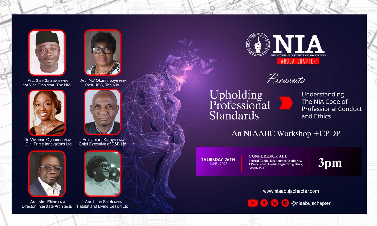NIA Abuja Chapter (@niaabujachapter) on Twitter photo šThe NIAABC Workshop on Code of Ethics
šļø June 26, 2025 | ā° 3PM
š FCDA Conf. Room, Abuja
Gain insights on ethical practice, disciplinary processes & real-world dilemmas in architecture.
š¤ Keynote + Expert Panel
š RSVP šcalendar.app.google/VG69Q7rhXhEkGzā¦
#NIAABC #ArchitectureEthics šThe NIAABC Workshop on Code of Ethics
šļø June 26, 2025 | ā° 3PM
š FCDA Conf. Room, Abuja
Gain insights on ethical practice, disciplinary processes & real-world dilemmas in architecture.
š¤ Keynote + Expert Panel
š RSVP šcalendar.app.google/VG69Q7rhXhEkGzā¦
#NIAABC #ArchitectureEthics