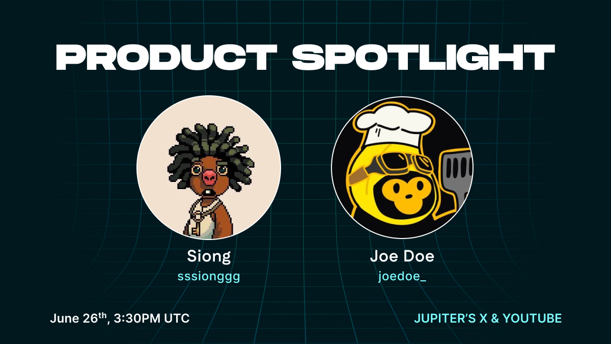 Jupiter (🐱, 🐐) (@jupiterexchange) on Twitter photo Instead of the Planetary Call this week:
Product Spotlight tomorrow, June 26, @ 3:30pm UTC.
Hosted by <a href="/sssionggg/">⚔️ SIONG</a> and <a href="/joedoe_/">Joe Doe</a>, come see what's cooking. 🧑🍳 Instead of the Planetary Call this week:
Product Spotlight tomorrow, June 26, @ 3:30pm UTC.
Hosted by <a href="/sssionggg/">⚔️ SIONG</a> and <a href="/joedoe_/">Joe Doe</a>, come see what's cooking. 🧑🍳
