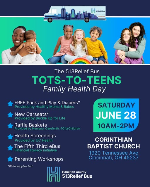 513Relief's tweet image. 🎉 The 513Relief Bus presents: Tots-to-Teens Family Health Day! A fun and supportive event for families with kids of all ages!
-FREE gifts, raffles, and parent workshops
📍 Saturday, June 28th | 10 AM – 2 PM
Corinthian Baptist Church
📢 Know a parent? Share this flyer with them!