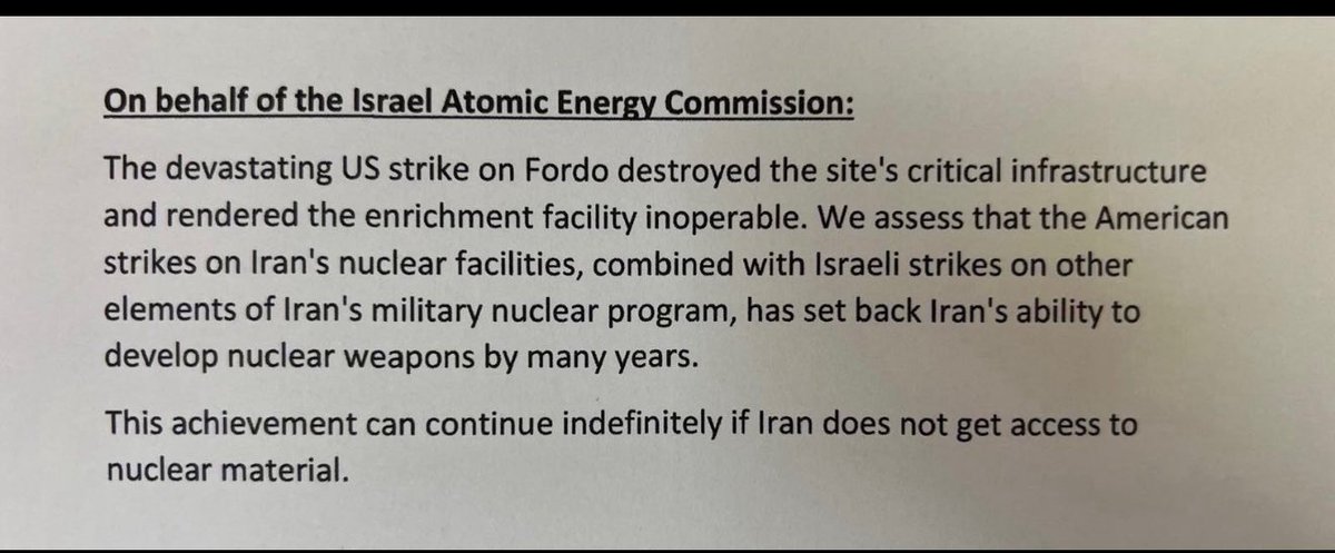 🚨 My sources confirm this is correct:

On behalf of the Israel Atomic Energy Commission:

The devastating US strike on Fordo destroyed the site’s critical infrastructure and rendered the enrichment facility inoperable. We assess that the American strikes on Iran’s nuclear