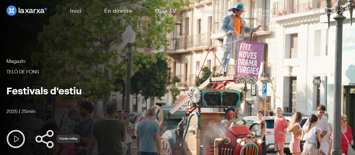 Teló de fons (@telodefons) on Twitter photo ‼️Encara no has vist l'últim programa?
▶️laxarxames.cat/player/4392194
🎭FESTIVALS D'ESTIU
👉<a href="/DeltebreDansa/">Deltebre Dansa</a> #deltebre
👉<a href="/FITTCAT/">FITT - Noves Dramatúrgies</a> #tarragona
👉Festival Per Amor a l'Hart <a href="/LHAjuntament/">Ajuntament de L'Hospitalet</a>
👉#EnDansa Sala Versus Glòries <a href="/OnTeatreBatega/">Onelteatrebatega</a>
🎥<a href="/CanalTerrassa/">Canal Terrassa</a> + <a href="/laxarxames/">La Xarxa+</a>
#teatre #dansa ‼️Encara no has vist l'últim programa?
▶️laxarxames.cat/player/4392194
🎭FESTIVALS D'ESTIU
👉<a href="/DeltebreDansa/">Deltebre Dansa</a> #deltebre
👉<a href="/FITTCAT/">FITT - Noves Dramatúrgies</a> #tarragona
👉Festival Per Amor a l'Hart <a href="/LHAjuntament/">Ajuntament de L'Hospitalet</a>
👉#EnDansa Sala Versus Glòries <a href="/OnTeatreBatega/">Onelteatrebatega</a>
🎥<a href="/CanalTerrassa/">Canal Terrassa</a> + <a href="/laxarxames/">La Xarxa+</a>
#teatre #dansa