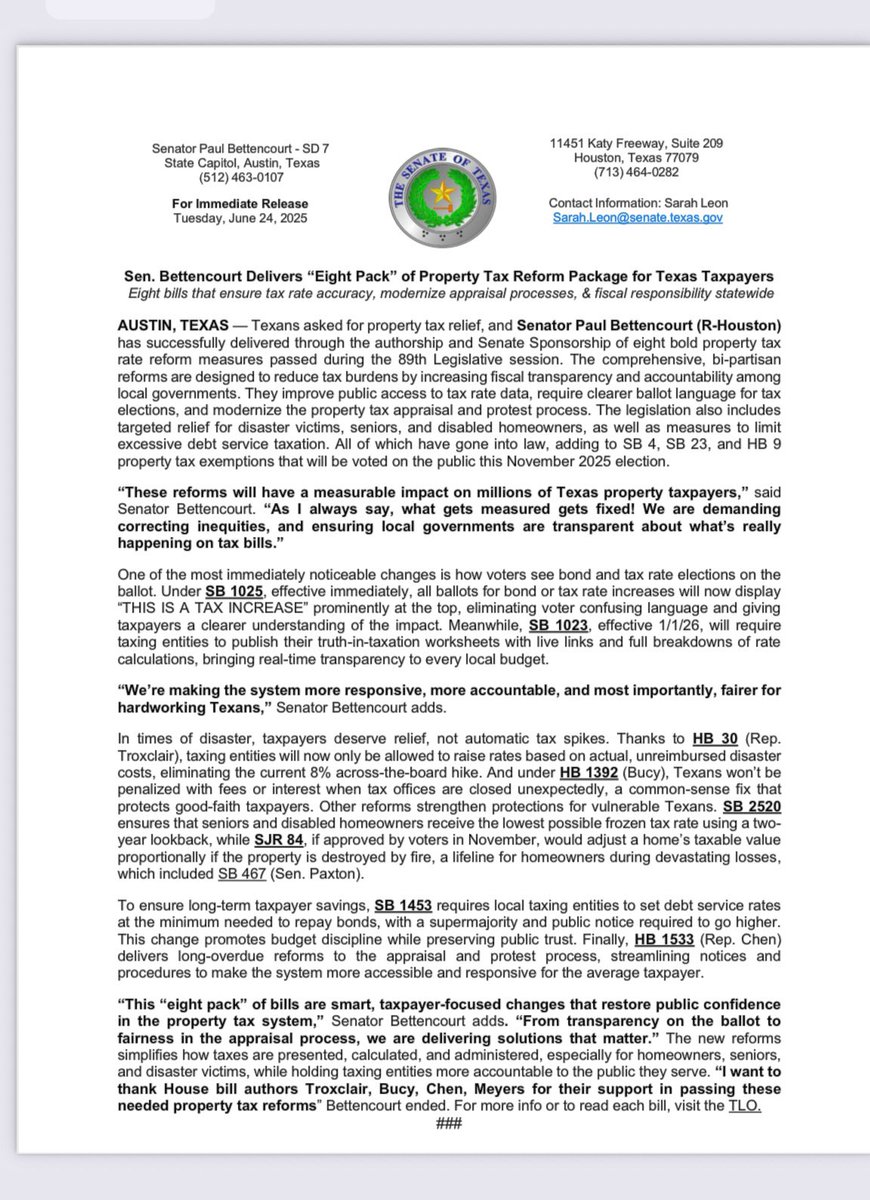 Texans get to vote on Homestead and Business Exemption increases this November election that are part of $10 Billion dollars of ISD property tax reductions!.. but wait, there’s more!

This “Eight-Pac” of property tax and appraisal reform bills passed, and they can help millions