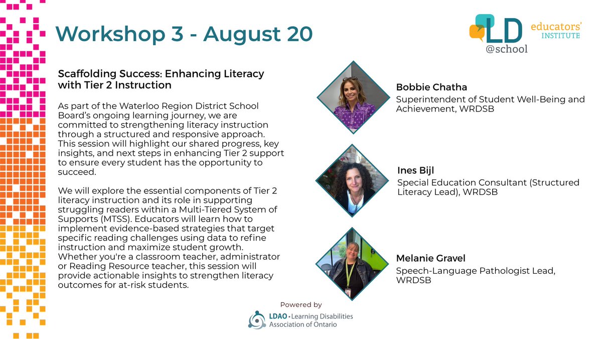 📚 Struggling readers CAN thrive with the right support! Join Ines Bijl, Melanie Gravel &amp; Bobbie Chatha to explore powerful Tier 2 literacy strategies. #ReadingSuccess #LD #LDAO #EducatorsInstitute25
🔗ldatschool.ca/annual-educato…