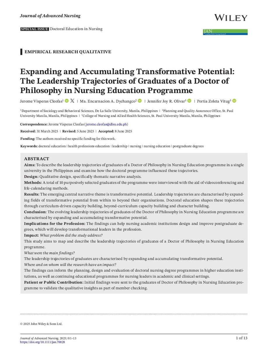 New Papel! 

My previous colleagues and I did a qualitative research mapping the leadership trajectories of the graduates of a PhD Nursing in Education program after receiving their degrees. Published today in the Journal of Advanced Nursing.