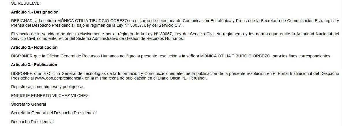 #LoÚltimo 🚨 La Presidencia designa a Mónica Tiburcio Orbezo en el cargo de secretaria de Comunicación Estratégica y Prensa del Despacho Presidencial. Tiburcio registra tres visitas a Juan José Santiváñez, entre el 17 y 18 de junio.
