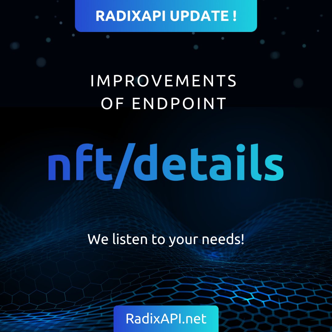 We listen to feedback from our users, so we have done a small update on the nft/details:

☑️ Proper sorting of NFT ids

☑️ Optional parameters to get a range of NFT ids instead of all

Check it out and adapt your code if you want:
api.radixapi.net/docs#/nft/nft_…