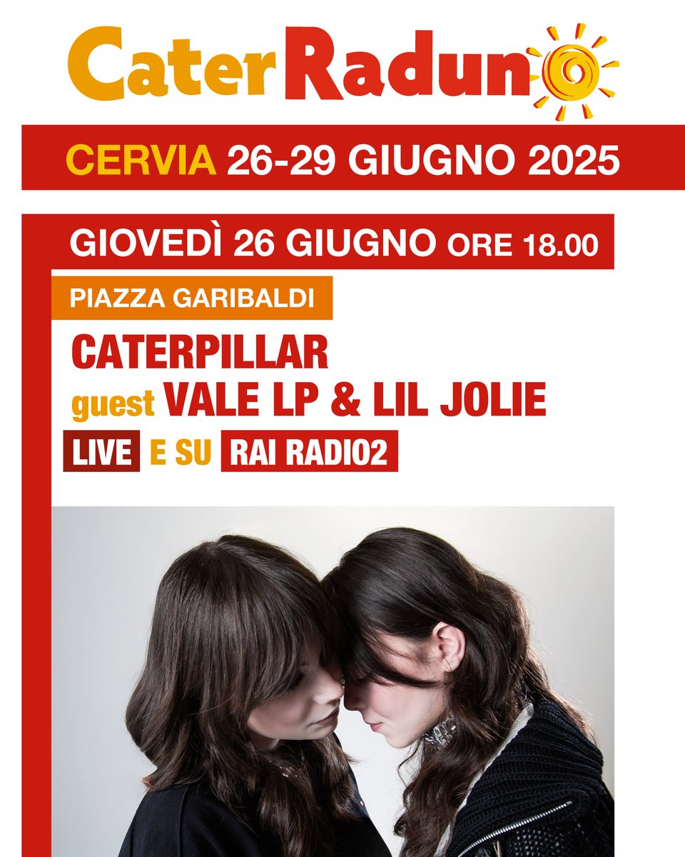 CaterRaduno 2025 di <a href="/RaiRadio2/">Rai Radio2</a> 

Giovedì 26 giugno ore 18:00
Cervia piazza Garibaldi   
CATERPILLAR on air | guest Vale LP &amp; Lil Jolie

Programma del #Caterraduno2025:
raiplaysound.it/articoli/2022/…