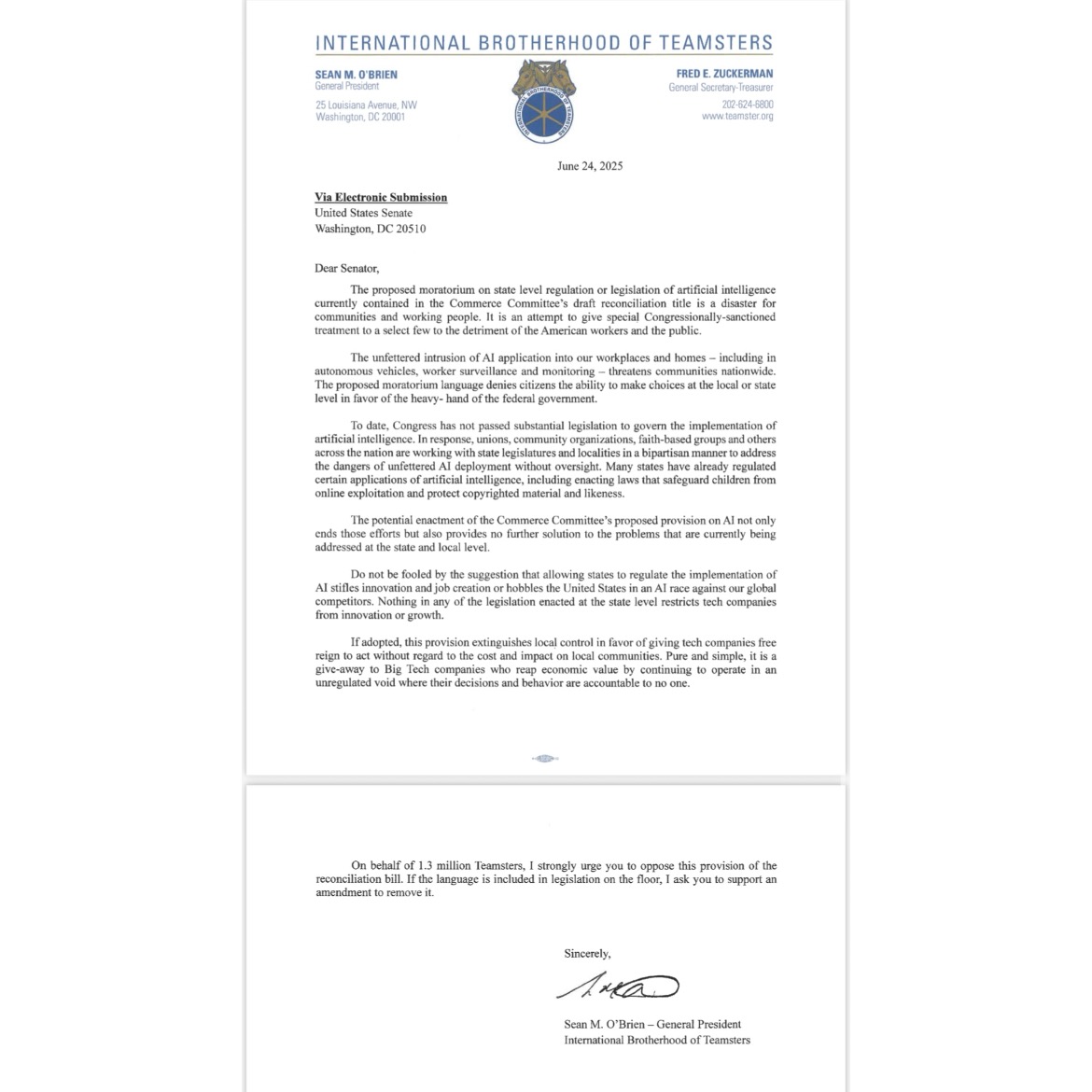Buried in the reconciliation bill is a ban on all U.S. states from regulating AI or automation. That means no state oversight of driverless trucks, AI surveillance, or job-killing automation. It’s a power grab by Big Tech — and a direct threat to workers and states’ rights.