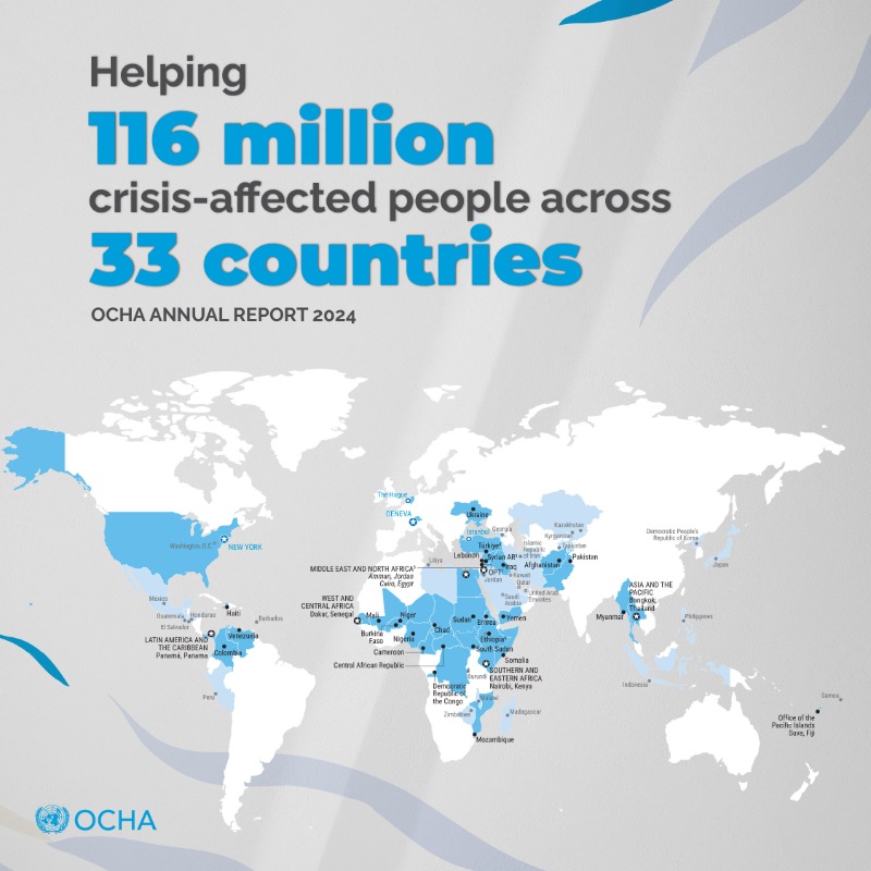 UNOCHA's tweet photo. NEW: OCHA 2024 Annual Report

With over 2,000 partners and thanks to the generosity of donors, we reached 116 million people in 33 crises.

See how solidarity turns hope into action👇

#InvestInHumanity