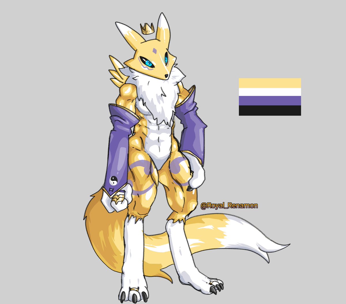 Did a small thing for pride month, using only my colors!💜💛 

Being a Digimon - digital, I don't know about non-binary.. but as we all know, by nature, Digimon don't have gender.

Shading inspired by Guzu's style - I like it

#Renamon #PrideMonth #Digimon #digimonfanart
