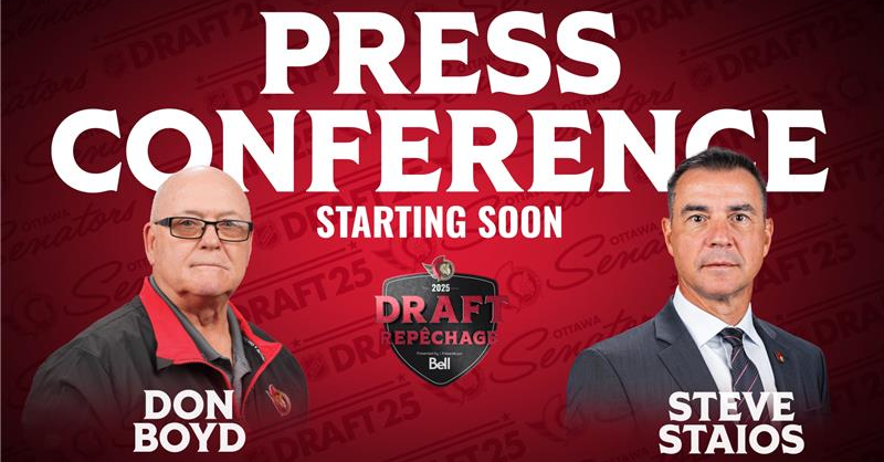 Senators's tweet photo. 📺 LIVE: Hear from President of Hockey Operations and General Manager Steve Staios and Head Amateur Scout Don Boyd as they address the media ahead of the 2025 NHL Draft taking place this Friday and Saturday!