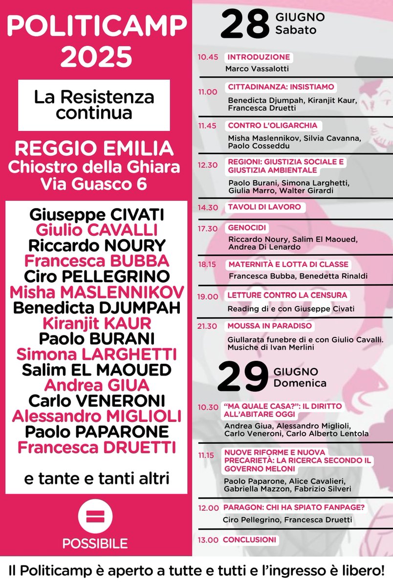 Amici, questo weekend a Reggio Emilia 👇🏻
<a href="/PossibileIt/">Possibile</a> 
<a href="/giuliocavalli/">Giulio Cavalli</a> 
<a href="/ciropellegrino/">Ciro Pellegrino</a>