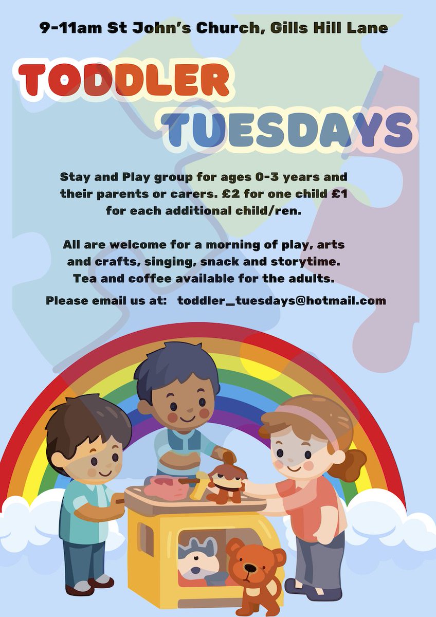 Toddler Tuesdays!

Join us every Tuesday for a fun-filled morning of play, songs, crafts, and connection! For ages 0-3 and caregivers, it's a great way to meet new friends, burn some energy, and spark creativity.

Tuesdays 
9-11 am
St. John's Church Radlett, on Gills Hill Lane