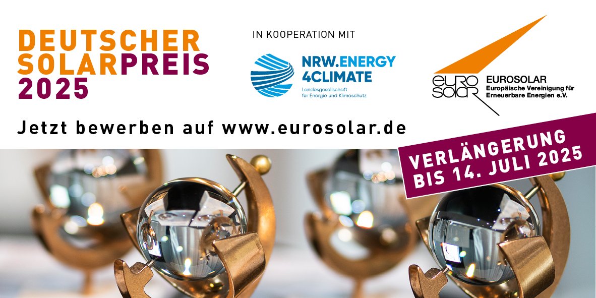 Bewerbungsphase für den Deutschen Solarpreis 2025 bis 14. Juli 2025 verlängert!
Gemeinsam wagen wir den Aufbruch ins neue #erneuerbare Energiezeitalter und suchen dafür die besten &amp; innovativsten Projekte.
Jetzt für den Deutschen Solarpreis 2025 bewerben:
eurosolar.de/deutscher-sola…