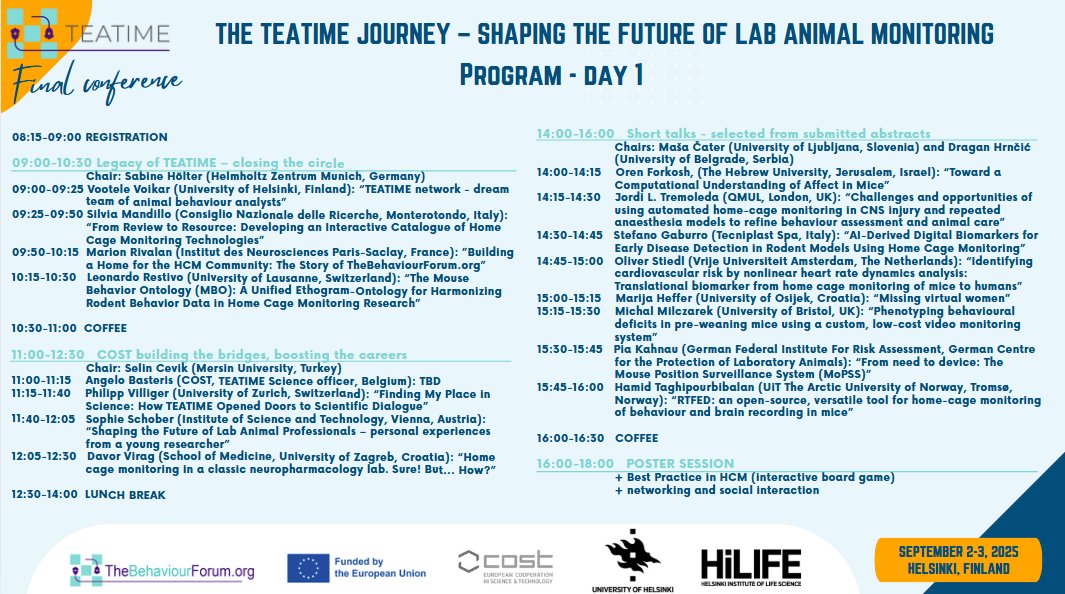 COST_TEATIME's tweet image. Wondering what the program of our TEATIME Final Conference looks like? Take a look at the exciting talks we have lined up for Day 1!
More info and registration link for online attendance can be found here:
📌 cost-teatime.org/events/the-tea…
#HomeCageMonitoring #AnimalWelfare