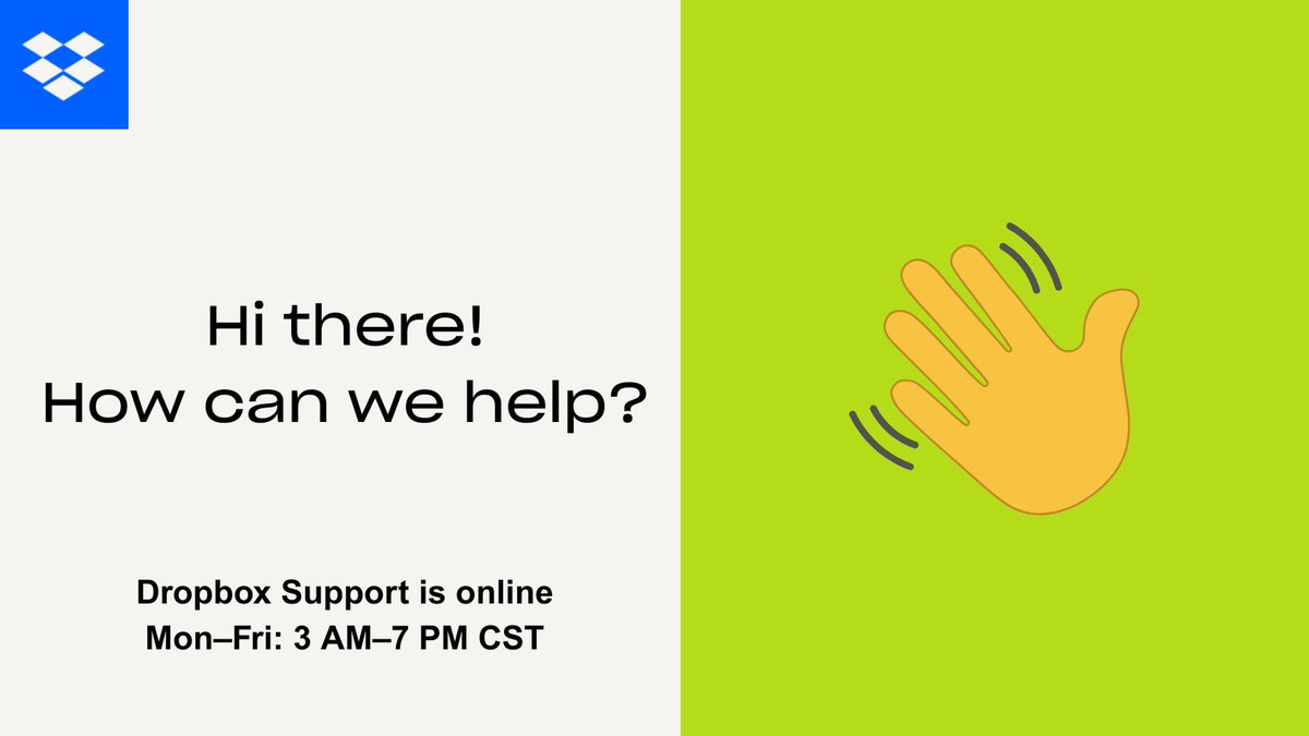 DropboxSupport's tweet image. 🕒 Support Hours

Our team is here to help:
Mon–Fri: 3 AM–7 PM CST

Need help? Send us a DM or visit our Community Forum: dropboxforum.com 💬