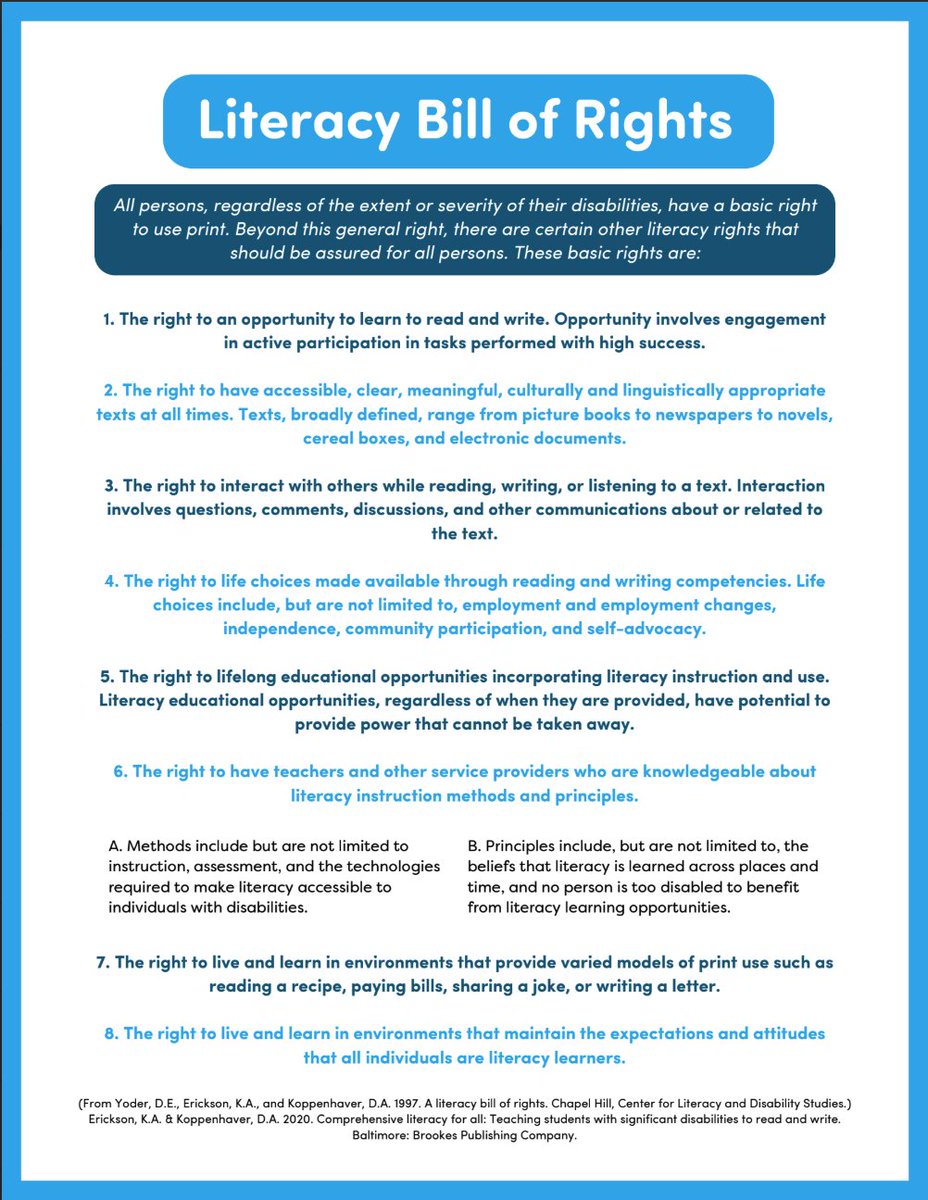 BuildingWingsCo's tweet image. Professors David Yoder, Ph.D., Karen Erickson, Ph.D., and @Koppenhaverd Ph.D., outlined literacy rights that should be assured for all.
Let’s work together to make these rights a reality—share, advocate, and teach.
#AllMeansAll #LiteracyForAll #SpecialEd #SchoolOT #SchoolSLPs