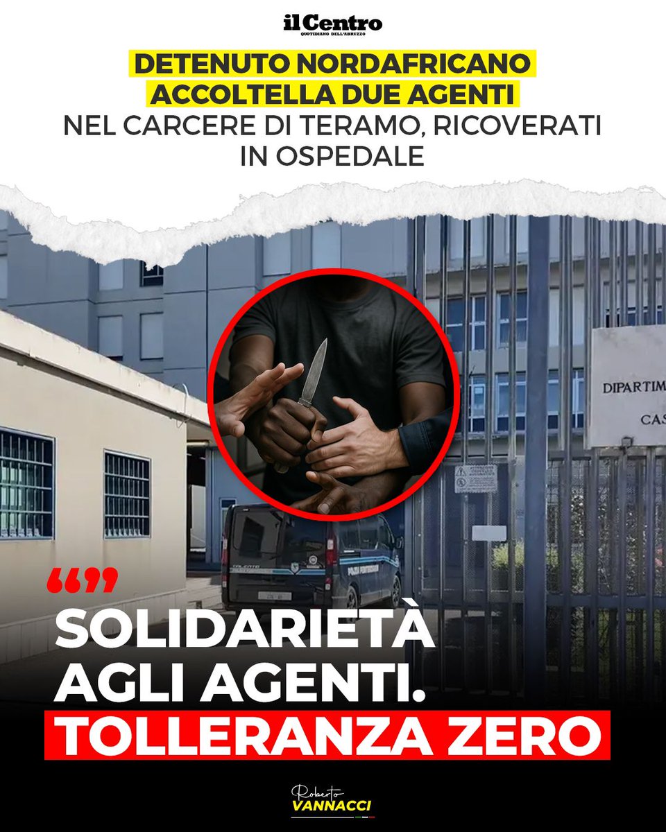 RoVannacci's tweet image. A Teramo due agenti della Polizia Penitenziaria sono stati aggrediti da un detenuto nordafricano armato di coltello.
Chi aggredisce va punito. Espulsione e rimpatrio subito.
Solidarietà agli agenti feriti.
#Vannacci #Lega #immigrazione #ilmondoalcontrario #terrorizziamoicriminali