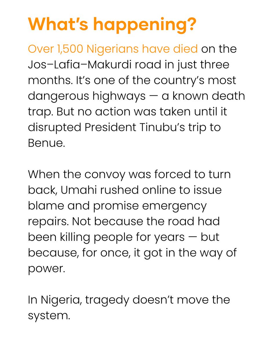 wearegst's tweet image. Over 1,500 Nigerians lost their lives on the Jos–Makurdi road in just three months.

Yet: 
•No emergency declared
•No repairs initiated
•No sense of urgency

It wasn’t until President Tinubu’s convoy got stuck on the same road that the government finally paid attention.