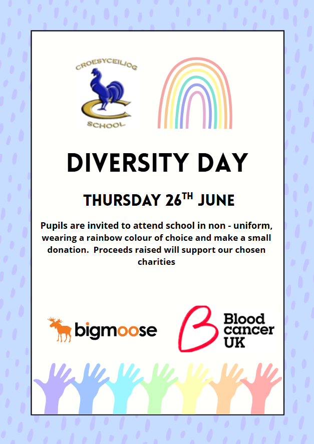 Diversity Day (Thursday 26th June) : Pupils are invited to attend school in non - uniform, wearing a rainbow colour of choice and make a small donation. Proceeds raised will support our chosen charities. #learningrespectambition