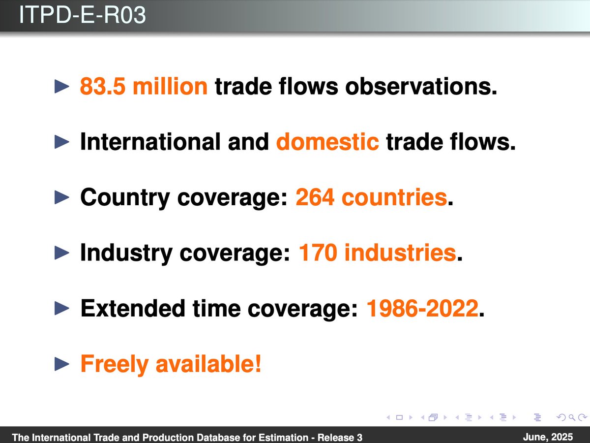 Yoto V. Yotov (@yotovg) on Twitter photo 📢NEW DATA! Happy to share the new release of the International Trade and Production Database for Estimation - ITPD-E-R03. Thanks to my co-authors Mario Larch & <a href="/SergeShikher/">Serge Shikher</a> and to the USITC!
For details: ideas.repec.org/p/drx/wpaper/2…
Enjoy the data and have a great summer! 📢NEW DATA! Happy to share the new release of the International Trade and Production Database for Estimation - ITPD-E-R03. Thanks to my co-authors Mario Larch & <a href="/SergeShikher/">Serge Shikher</a> and to the USITC!
For details: ideas.repec.org/p/drx/wpaper/2…
Enjoy the data and have a great summer!