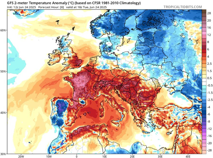 EUROPEAN HEAT WAVE -part 2
Balkans and Alps with extreme heat 
JUNE RECORDS 
AUSTRIA
37.0 St Andra,36.8 Ferlach,36.5 Villach
SLOVENIA
36.8 Crnomelj,36.0 Novo Mesto

Tomorrow hundreds of records allover the Balkans,
than Spain/France/North Africa again (up to 47C !)