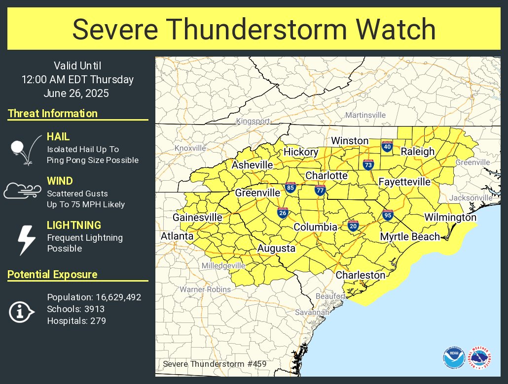 A severe thunderstorm watch has been issued for parts of Georgia, North Carolina and South Carolina until 12 AM EDT