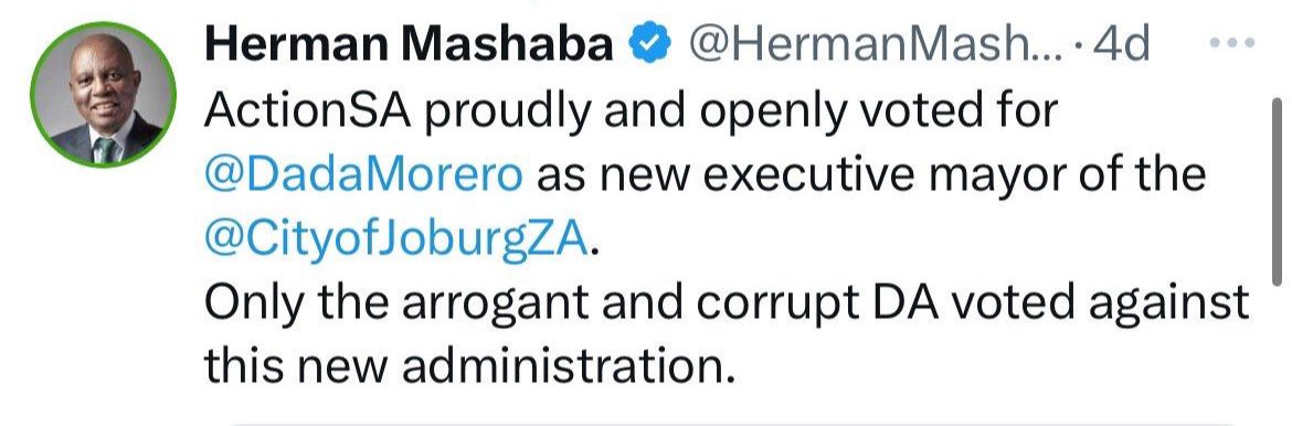 <a href="/HermanMashaba/">Herman Mashaba</a> <a href="/Our_DA/">Democratic Alliance</a> Betrayal of voters is this . Now Nasiphi is in danger and must now fire City manager if she wants to stay as mayor 🤔😞