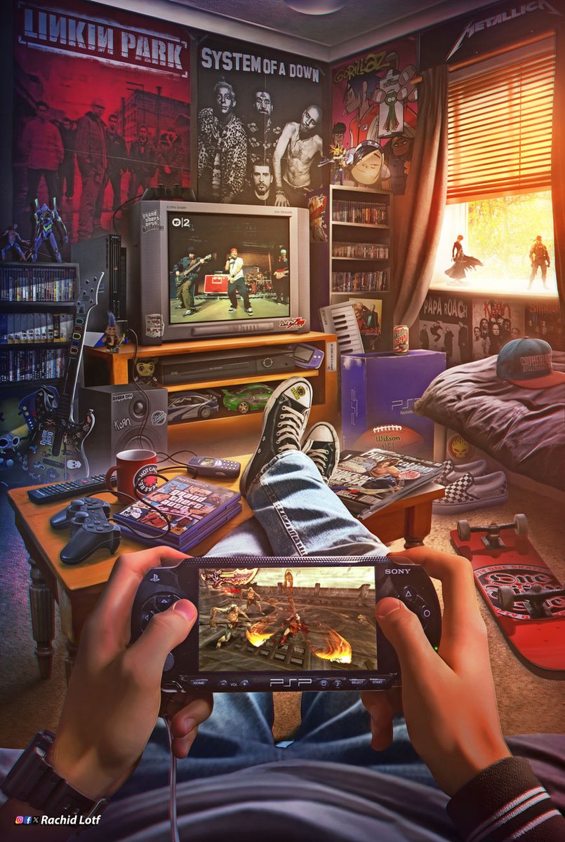 Mike D. asked me to recreate a powerful memory from his teenage years, the warm glow of his bedroom, his favorite posters on the wall, and the unforgettable feeling of playing GOW on his Fat PSP after school. Every detail mattere, from the games, the magazines, the band posters…