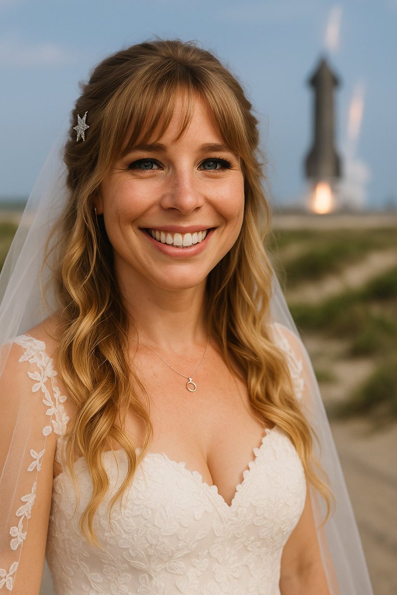 Hilarious and weird: I asked ChatGPT to make me a hairstyle for my wedding based on this photo and it just auto inserted a starship launch in the background. Lmao.