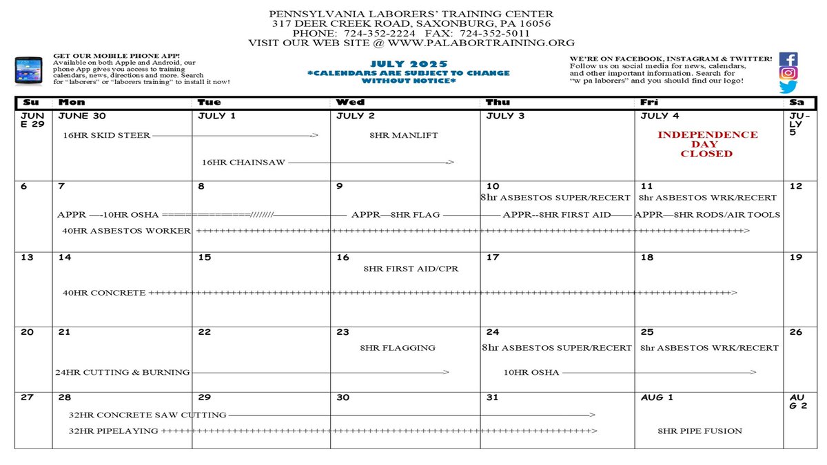 Laborers373's tweet image. REVISION: We had to make a few changes to the July calendar: Blueprint Reading has been removed, replaced by a 40Hr Concrete(July 14-18); Saw Cutting moved to July 28-31; Cutting &amp;amp; Burning now July 21-23; OSHA 10 added July 24-25.