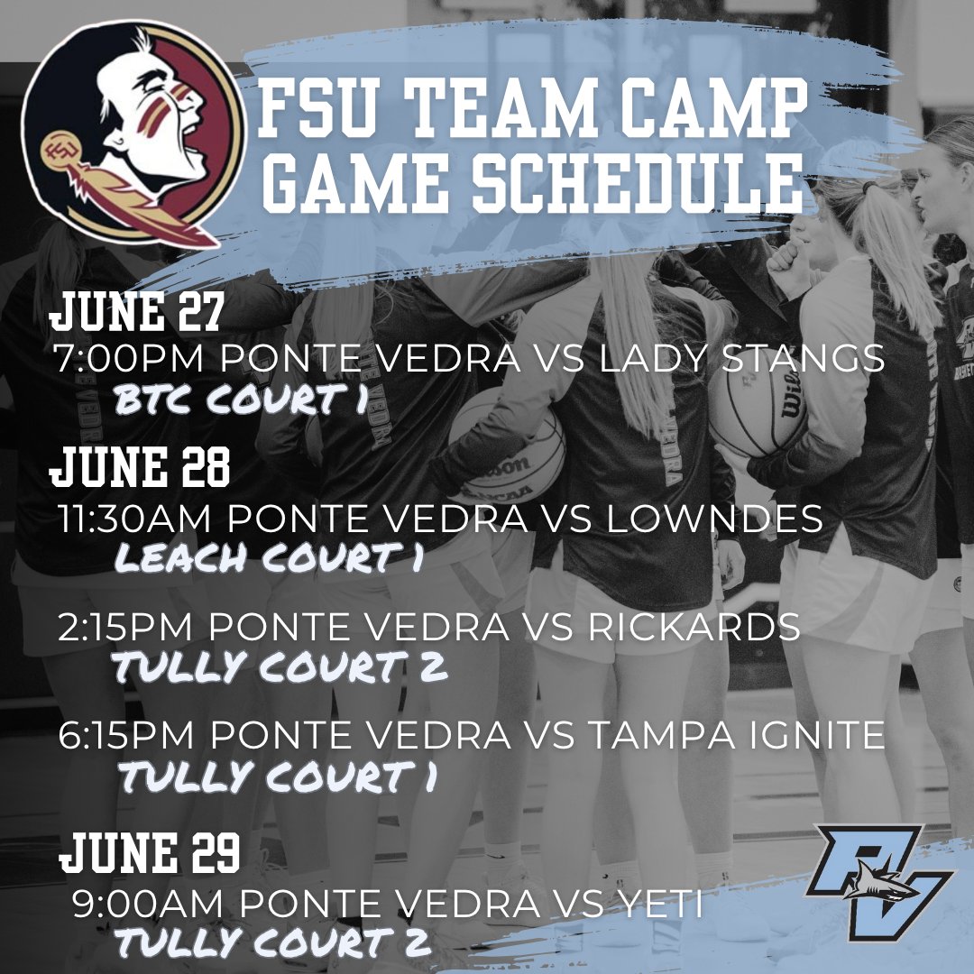 PVHS Girls Basketball (@pvhsgirlsbball) on Twitter photo Excited to take our Varsity squad to FSU Team Camp to finish June basketball! Our Sharks have competed & gotten better every week...time to finish strong! <a href="/PGHFlorida/">Prep Girls Hoops Florida</a> <a href="/SUTSReport/">SUTS Report</a> <a href="/FLHSRecruiting/">Florida High School Recruiting</a> <a href="/JrAllStarFla/">Florida Jr. All-Star GBB</a> <a href="/RossVDG14/">Ross Van De Griek</a> <a href="/HSSportsFL/">HSSportsFlorida</a> <a href="/Repsonreps__/">RepsOnReps ™️</a> <a href="/fsuwbb/">FSU Women's Basketball</a> <a href="/CoachJessicaSG/">Jessica Spencer-Gardner</a> Excited to take our Varsity squad to FSU Team Camp to finish June basketball! Our Sharks have competed & gotten better every week...time to finish strong! <a href="/PGHFlorida/">Prep Girls Hoops Florida</a> <a href="/SUTSReport/">SUTS Report</a> <a href="/FLHSRecruiting/">Florida High School Recruiting</a> <a href="/JrAllStarFla/">Florida Jr. All-Star GBB</a> <a href="/RossVDG14/">Ross Van De Griek</a> <a href="/HSSportsFL/">HSSportsFlorida</a> <a href="/Repsonreps__/">RepsOnReps ™️</a> <a href="/fsuwbb/">FSU Women's Basketball</a> <a href="/CoachJessicaSG/">Jessica Spencer-Gardner</a>