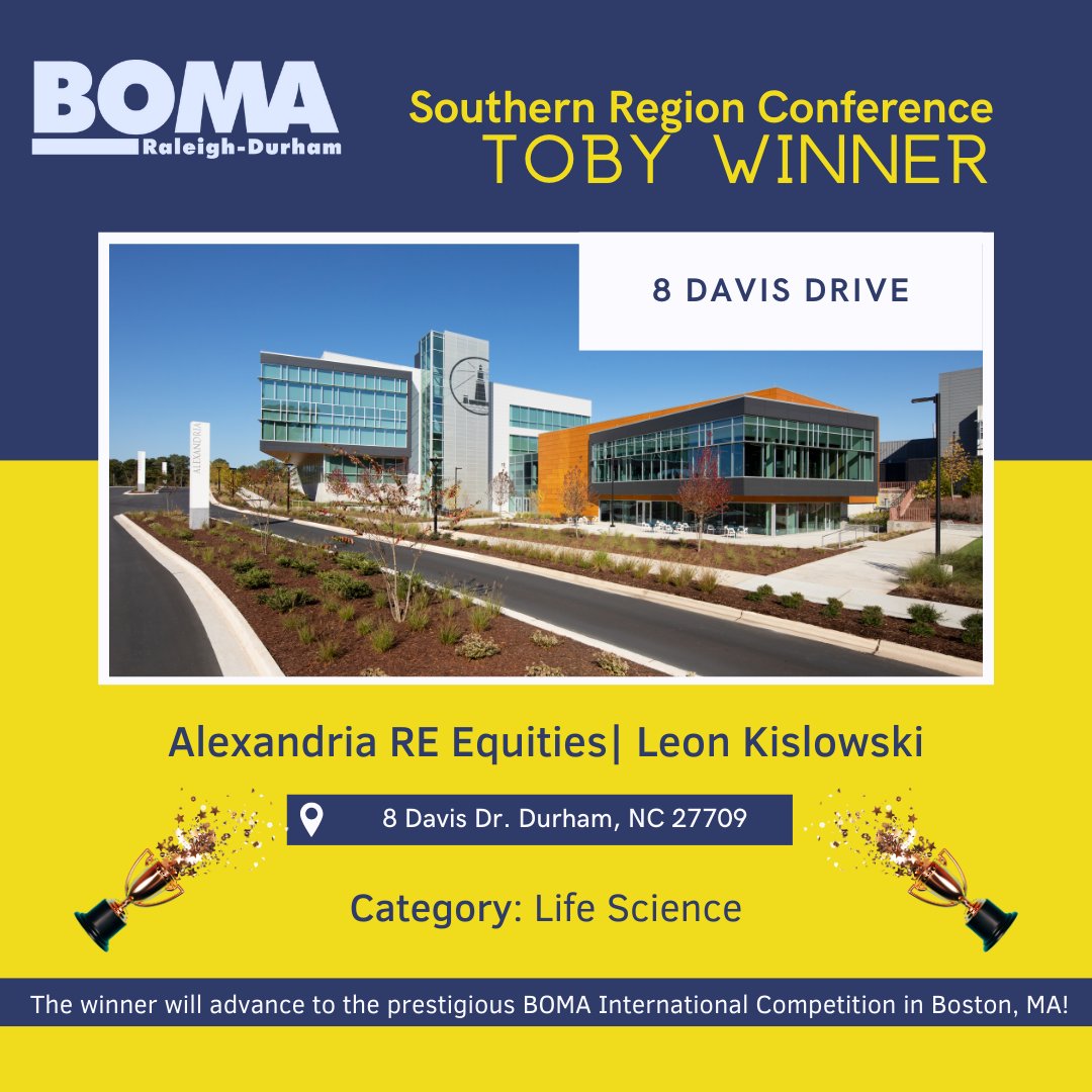 Let's Go BOMA RDU! Cheering on Leon Kislowski, RPA, and the 8 Davis Drive building with Alexandria Real Estate Equities, Inc., at the upcoming BOMA International TOBY competition in Boston!

#BOMASRC2025 #BOMARDU #BOMATOBYs #CRE