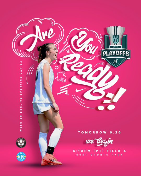 World Class Girls ECNL 2009 (@wcfc09ecnlgirls) on Twitter photo We are so excited to hit the pitch at game 1 of the ECNL Playoffs!
⚽️WCFC vs Sporting Jax SA ECNL 09
đź“…June 26th
⏰5:10pm
📍Surf Sports Park Field 4
<a href="/ECNLgirls/">ECNL Girls</a> <a href="/ImYouthSoccer/">ECNL/GA/Recruiting/College Soccer</a> <a href="/ImCollegeSoccer/">College Soccer Truth ™</a> <a href="/TopDrawerSoccer/">TopDrawerSoccer</a> <a href="/TheSoccerWire/">SoccerWire</a> <a href="/WorldClassFC1/">World Class FC</a> <a href="/USYNT/">U.S. Soccer YNT</a> <a href="/PrepSoccer/">Prep Soccer ⚽️</a> <a href="/UWAA_United/">United Women’s Athletic Association</a> We are so excited to hit the pitch at game 1 of the ECNL Playoffs!
⚽️WCFC vs Sporting Jax SA ECNL 09
đź“…June 26th
⏰5:10pm
📍Surf Sports Park Field 4
<a href="/ECNLgirls/">ECNL Girls</a> <a href="/ImYouthSoccer/">ECNL/GA/Recruiting/College Soccer</a> <a href="/ImCollegeSoccer/">College Soccer Truth ™</a> <a href="/TopDrawerSoccer/">TopDrawerSoccer</a> <a href="/TheSoccerWire/">SoccerWire</a> <a href="/WorldClassFC1/">World Class FC</a> <a href="/USYNT/">U.S. Soccer YNT</a> <a href="/PrepSoccer/">Prep Soccer ⚽️</a> <a href="/UWAA_United/">United Women’s Athletic Association</a>